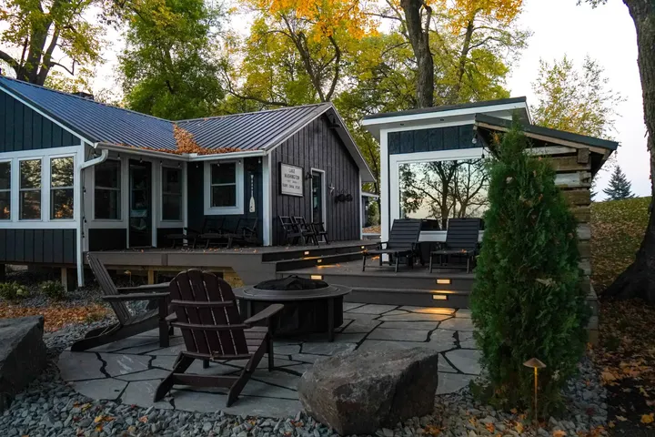 Cabin Landscaping with Boulder Walls, Flagstone Patio, and a New Driveway on Lake Washington, another view
