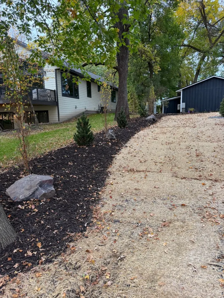 Cabin Landscaping with Boulder Walls, Flagstone Patio, and a New Driveway on Lake Washington, another view